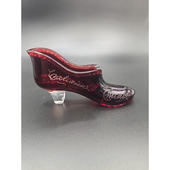 1934 Worlds Fair, Ruby Red Flash Hand Painted Clear Pressed Glass Slipper GLOWS - Picture 4 of 6